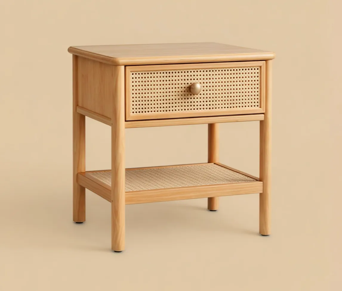 A rounded timber bedside with a woven cane drawer front
