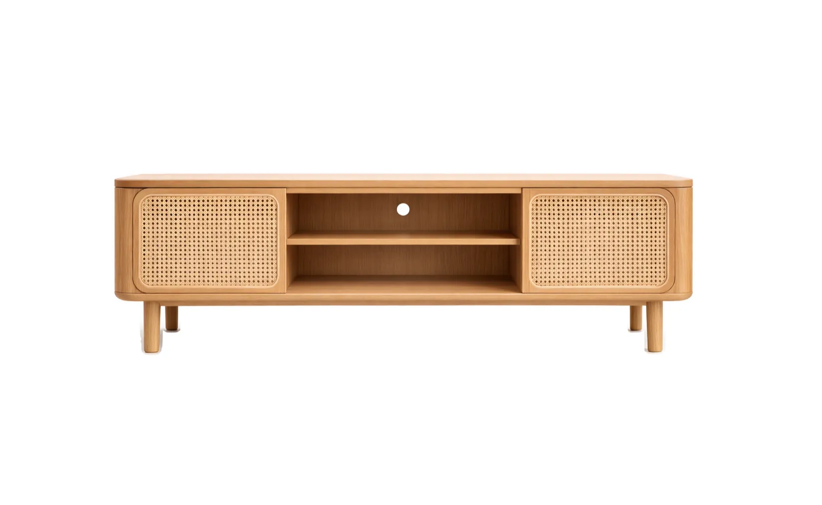 A light timber media unit with rounded corners and woven cane fronts