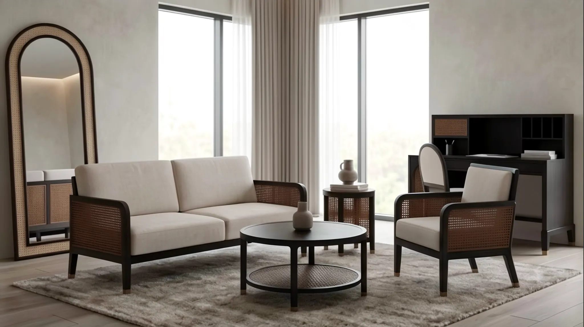 A dramatic bedroom suite using arched forms, dark timber and woven cane