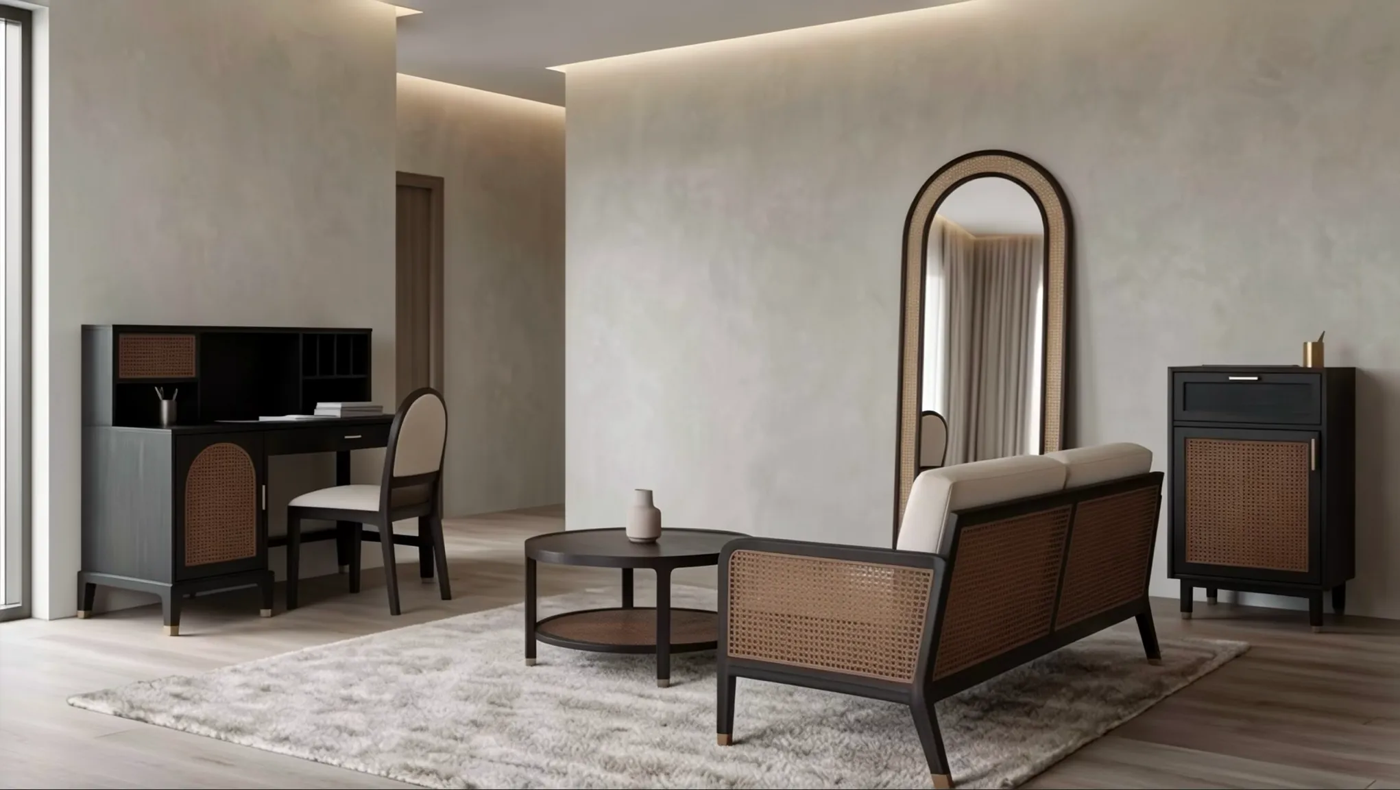 A dramatic dark timber bedroom using arched forms and woven cane