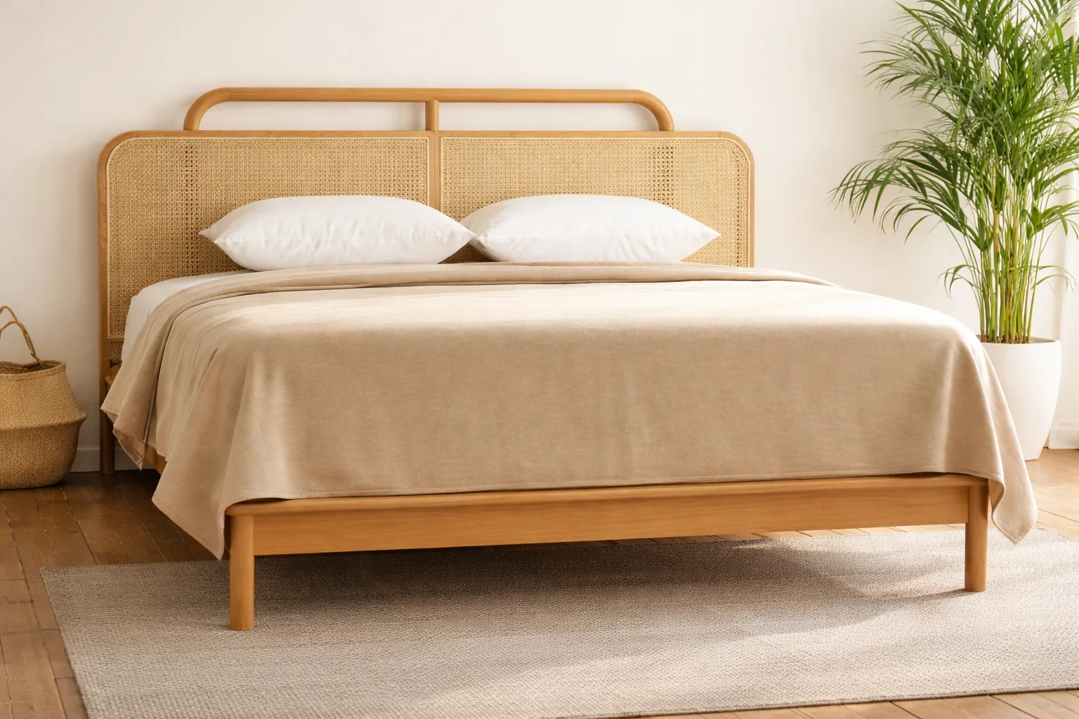 A Bali-inspired timber bed with woven cane and rounded detailing