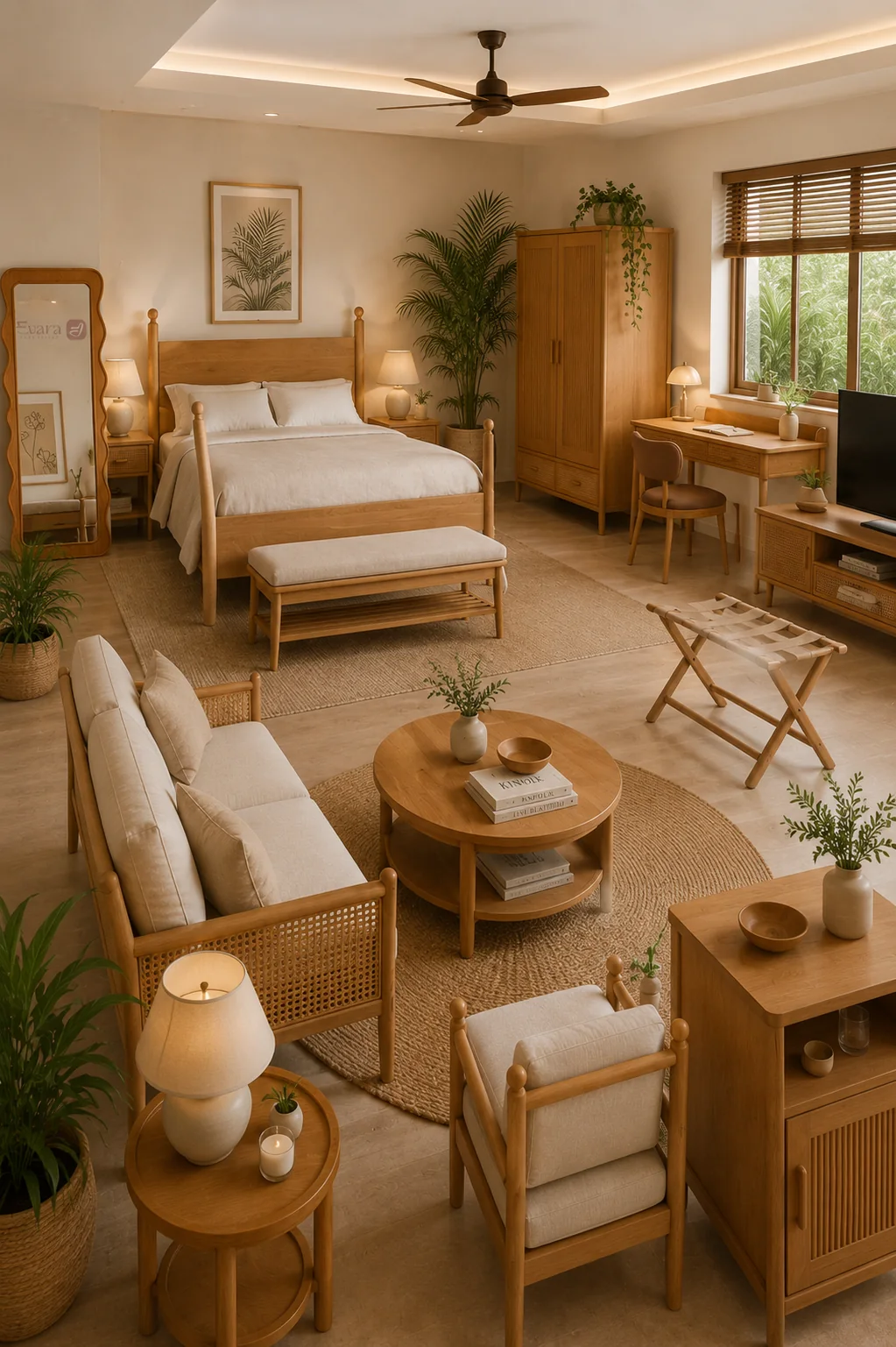 A coordinated Bali-style guestroom with bed, bedside, seating and storage