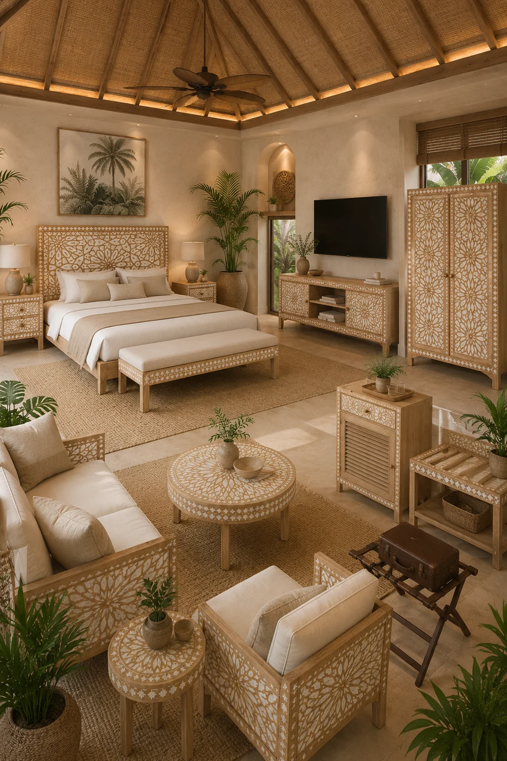 A light timber and cane bedroom arranged as a complete hospitality room