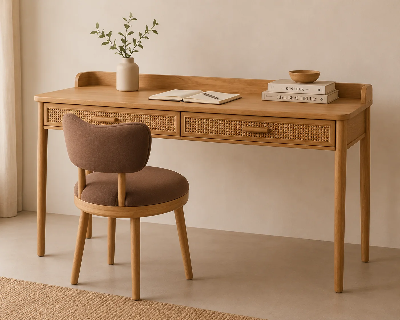 A compact timber writing desk and chair for a guestroom