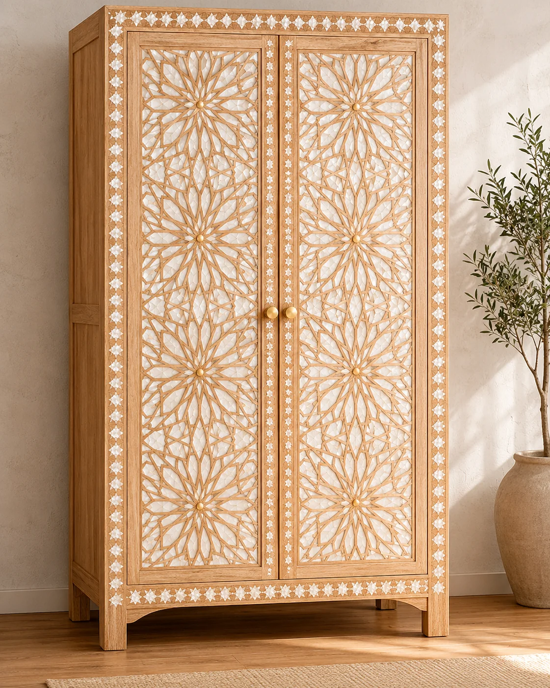 A hospitality wardrobe in light timber with tropical detailing