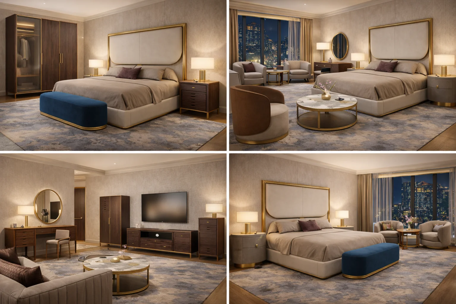 A contemporary bedroom suite balancing dark timber, upholstery and metal accents