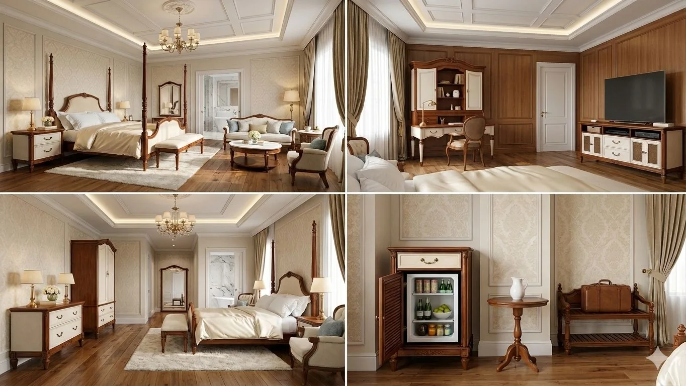 A coordinated dark timber bedroom with upholstered and brass details