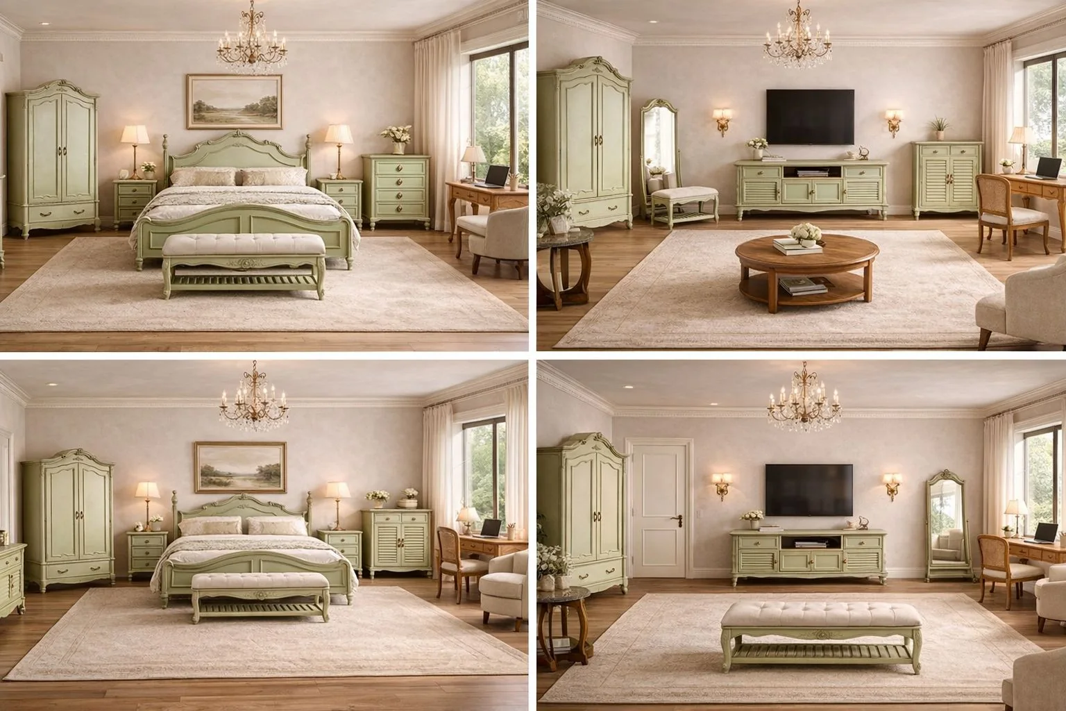 A classic bedroom direction in muted green with carved and upholstered details